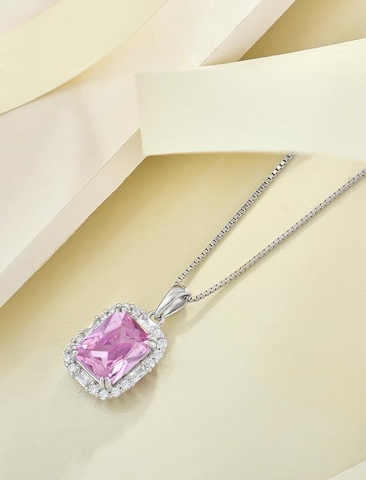 Princess Cut Necklaces for Women, 925 Sterling Silver Emerald Cut Birthstone Pendant Necklace Halo Square Rectangle Jewelry Gifts for Her