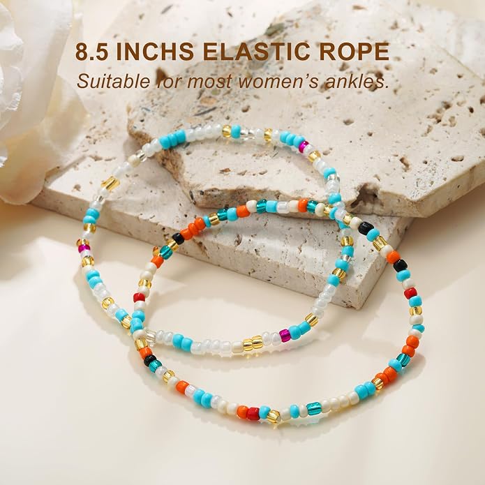 Boho Gold Anklet Bracelets for Women, Waterproof Beach Layered Pearl Beaded Turquoise Anklets Set Handmade Jewelry Gift