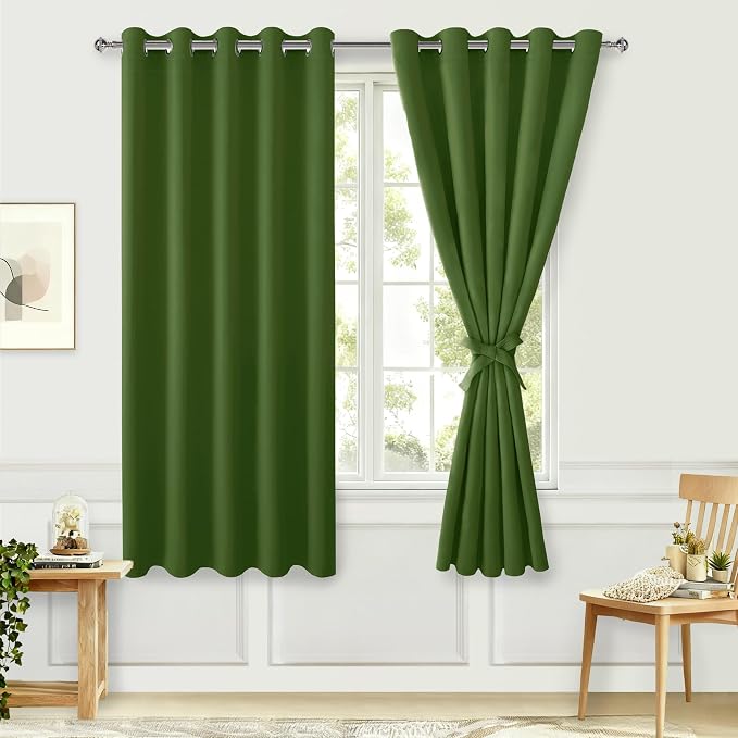 Hiasan Room Darkening Curtains for Bedroom, 60 x 72 Inches - Thermal Insulated & Energy Saving Window Drapes for Living Room/Dorm Room, Set of 2 Panels Sewn with Tiebacks, Olive Green