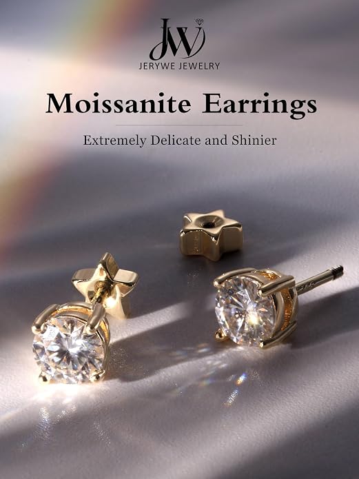 Moissanite Earrings Studs - 925 Sterling Silver Earrings for Women Men 14K Gold Plated Double Sided Star Flat Back Stud Earring Hypoallergenic Small Cartilage Helix Piercing Jewelry D Color VVS1