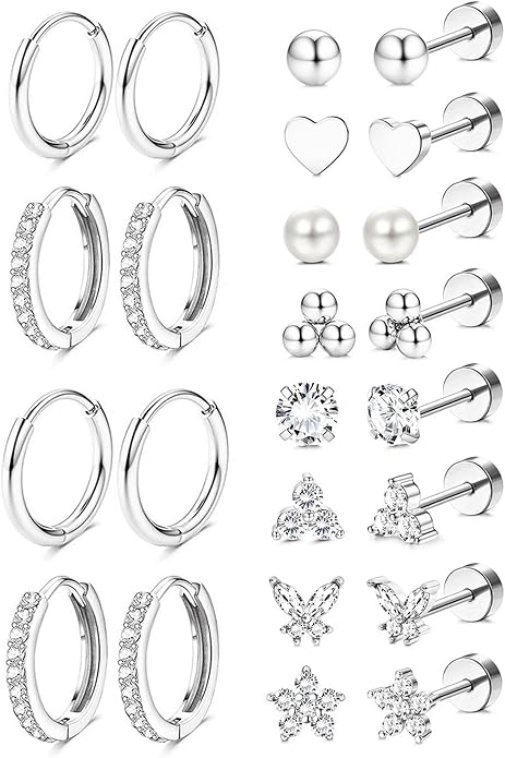 Jstyle Hypoallergenic 14K Gold Plated Stud Hoop Earrings for Women Men Surgical Stainless Steel Flat Back Earrings Small Huggie Hoops Cartilage Earring Set for Multiple Piercing Jewelry Gift for Women