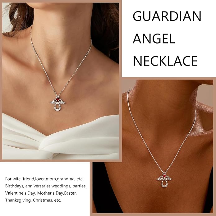 925 Sterling Silver Guardian Angel Pendant Necklace for Women with Birthstone Cubic Zirconia Little Angel Pendant Necklace Jewelry 18 inch Chain