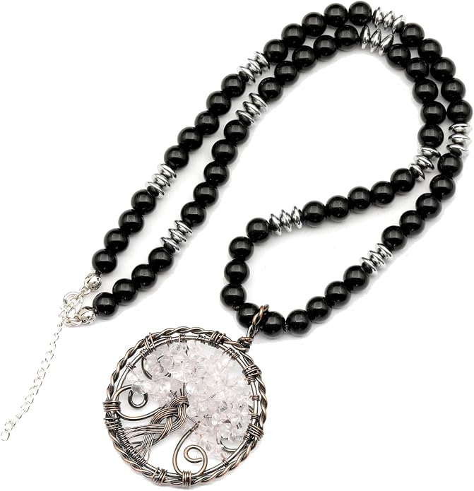 ElisaJewelryArt - Natural Amethyst Big Tree Of Life Pendant Black Onyx Stone Beaded Necklace Genuine Gemstone Feng Shui Stone Clasp Closure Necklace Unisex Necklace