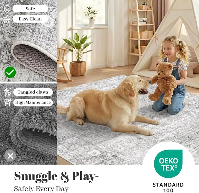Homemate Washable Rug 4x6 Area Rugs - Vintage Faux Wool Rugs for Living Room Bedroom Dining Room - Non Slip Foldable Carpet Indoor Area Rug for Home Decor（4'x6', Grey