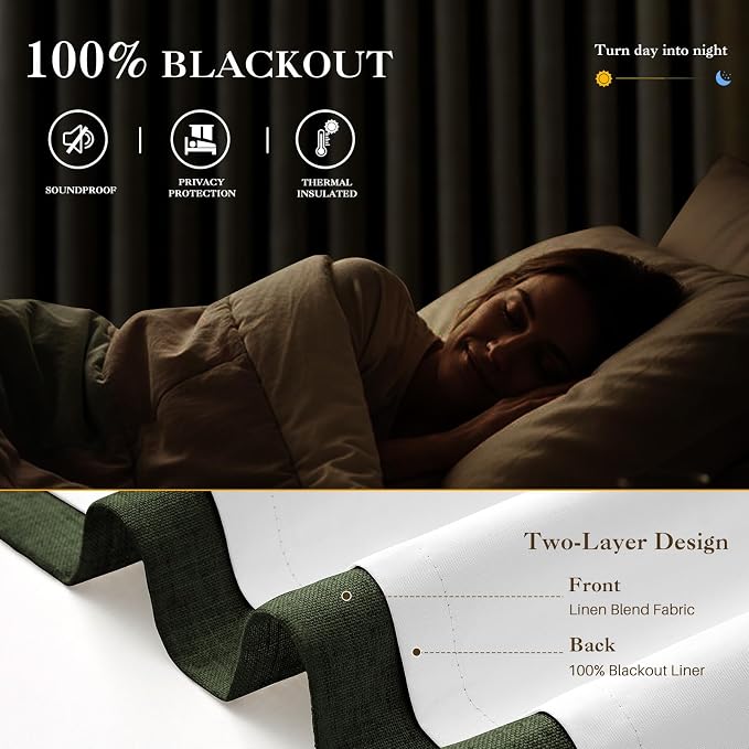IVAPUPU Linen Pinch Pleated 100% Blackout Curtains for Bedroom - 2 Pages Black Out Green Curtains 108 Inch Long 2 Panel for Living Room Darkening Thermal Window Curtain Drapes with 16pc Hooks
