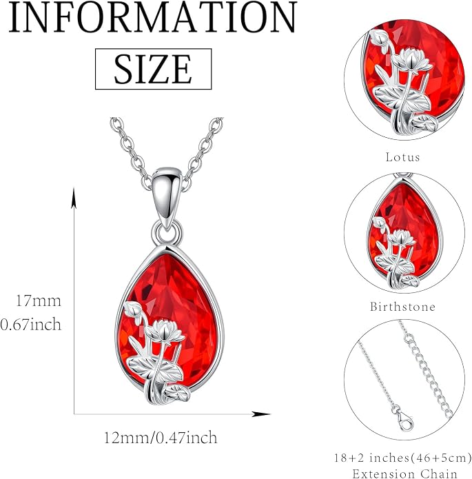 925 Sterling Silver Birth Flower Necklace with Teardrop Shaped Birthstone - 12 Colors, 12 Kinds of Flower - Ideal Birthday Jewelry Gift for Women, Mothers, Daughters & Wives