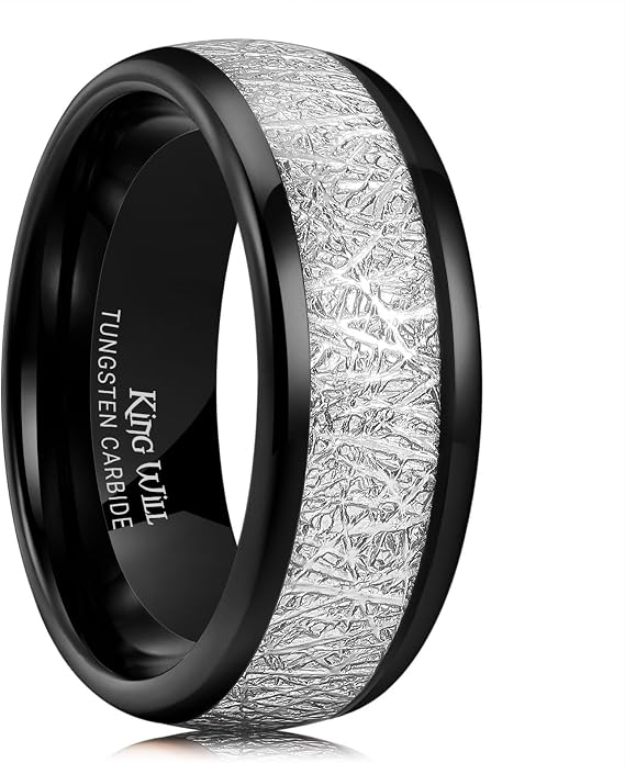King Will Tungsten Rings for Men Meteorite Carbon Fiber Wood Inlay Mens Wedding Engagement Band Domed Polished