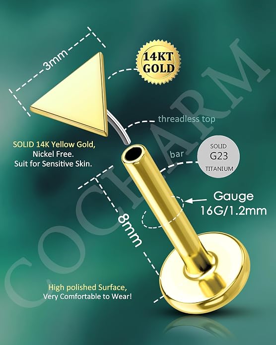 COCHARM 14K Real Gold Helix Tragus Cartilage Piercing Jewelry-Titanium Post-Threadless Tragus Conch Cartilage Earring Stud Flat Back 16g Labret Stud 6mm, 8mm Push Pin Triangle Medusa Jewelry