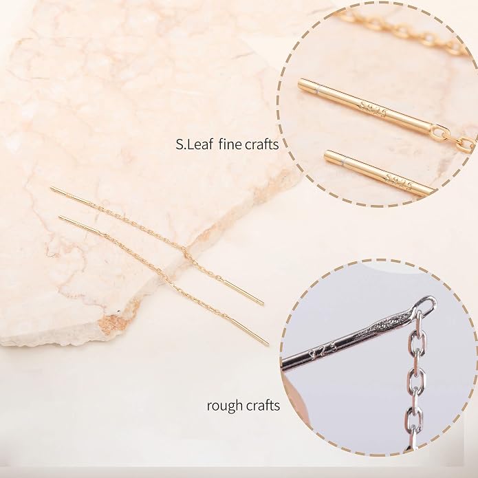 S.Leaf S925 Sterling Silver Threader Chain Earrings 18K Gold Plated Cubic Zirconia Dainty Dangle Double Piercing Long Drop Dangly Pull Through Tassel Chain Earrings Gifts for Women