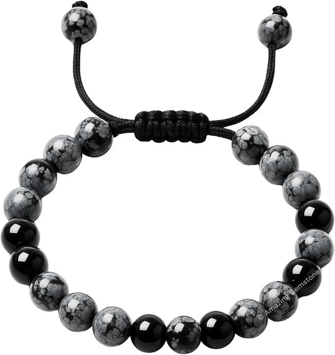 Amazing Gemstone Snowflake Obsidian Bracelet for Women Men's Gifts - Protection Healing Crystal Bracelet - 8mm Gemstone Beaded Adjustable Bracelet