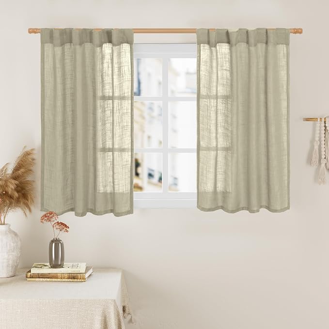 LAMIT 40 Inch Length Linen Curtains for Small Windows, Semi Sheer Light Filtering Panels Back Tab and Rod Pocket Country Decor Drapes for Basement/Kitchen, Oatmeal, 2 Panels, 34 x 40 Inch