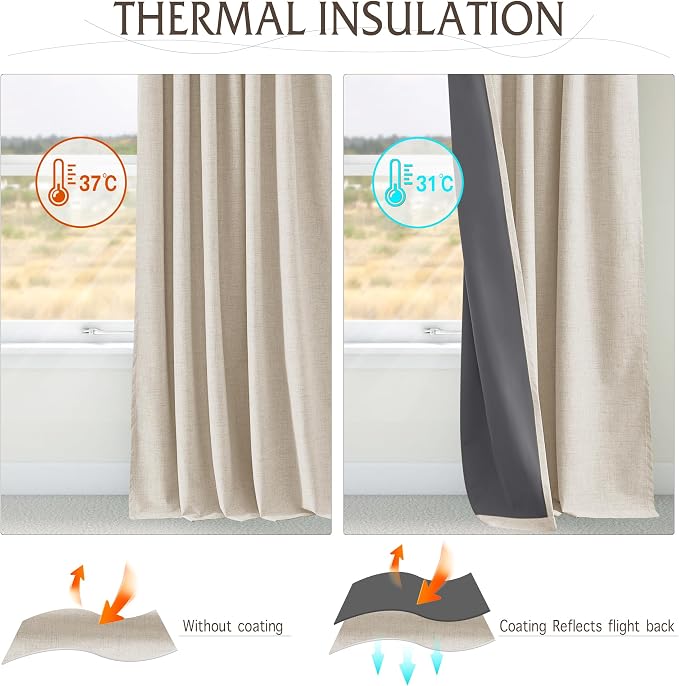 RYB HOME Linen Textured 100% Blackout Curtains Pinch Pleated & Back Tab Drapes Privacy Thermal Insulating for Living Room Kitchen Dining Bay Window, W 42 x L 90 inches, Linen, 2 Panels