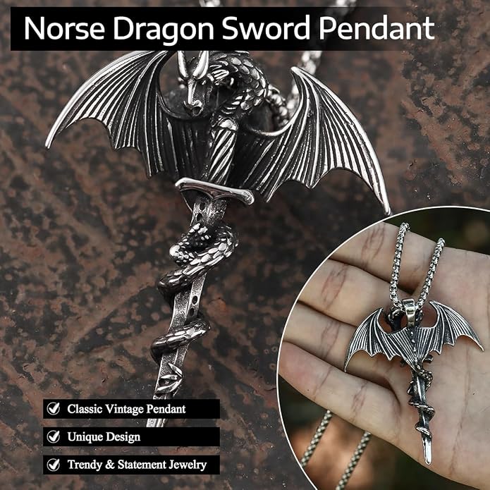 GTHIC Stainless Steel Nordic Viking Dragon Pendant Necklace Vintage Sword Jewelry With Chain