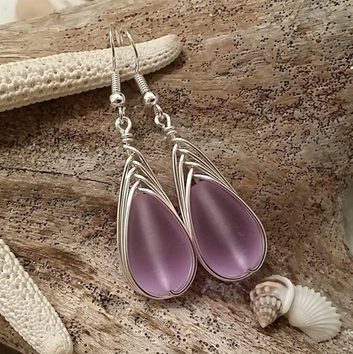 Handmade Sea Glass Earrings, Hawaiian Jewelry, Wire Braided Earrings Teardrop Earrings, Beach Jewelry Sea Glass Jewelry For Women Birthday Gift