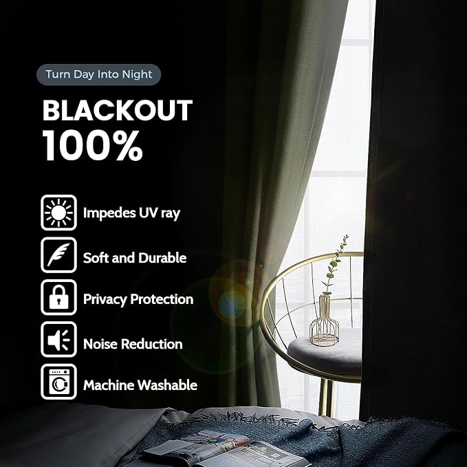 SimpleHome Light Sage 100% Blackout Curtains Room Darkening Living Room 63 | Curtains for Bedroom,Thermal Insulated Grommet Window Drapes,Curtains for Living Room with Black Back,52 x 63 Inch,2 Panels
