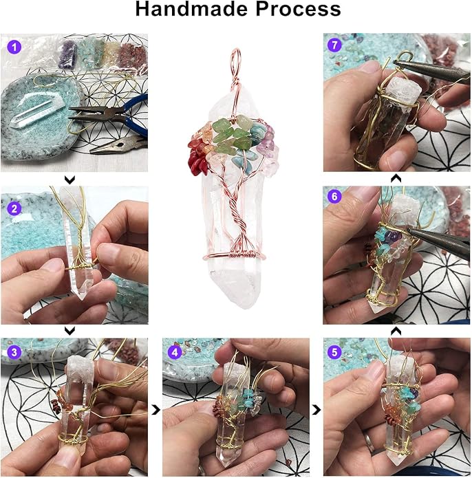Jovivi 7 Chakra Gemstone Wire Wrapped Natural Clear Quartz Healing Crystal Point Pendant Necklace for Women Mother's Day Gift