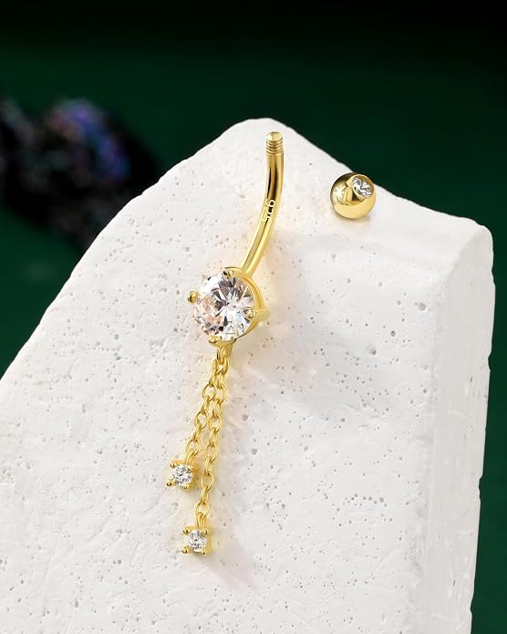 COCHARM 14K Gold Plated Belly Button Rings Dangling 925 Sterling Silver Belly Navel Rings Dangle Chain Belly Piercing Jewelry Hypoallergenic