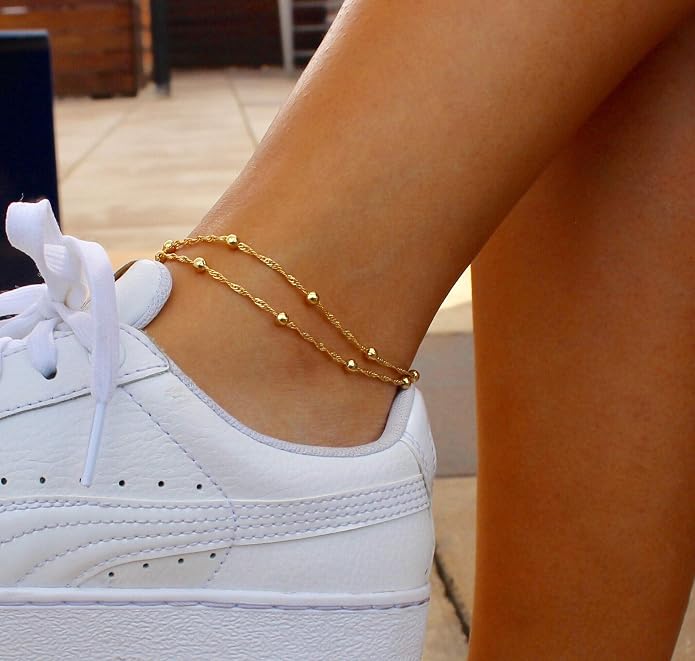 MEVECCO Anklet for Women Gold Chain 14K Gold Plated Dainty Boho Beach Summer Simple Foot Jewelry Ankle Bracelet