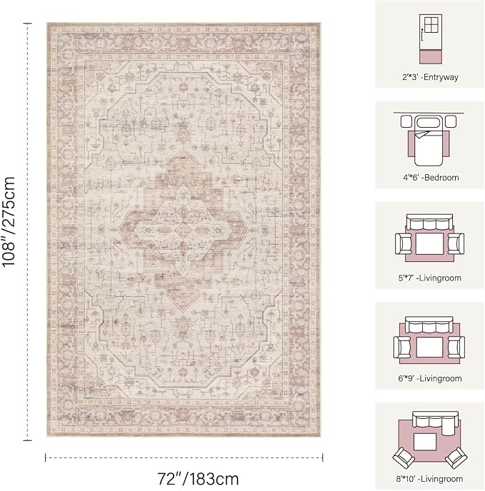 Rugxara Pink 6x9 Washable Area Rug for Living Room & Bedroom, Rugs for Girls Women, Non Slip, Durable Low Pile Carpet, Vintage Carpets for Office, Dining Room, Kids Room and Farmhouse