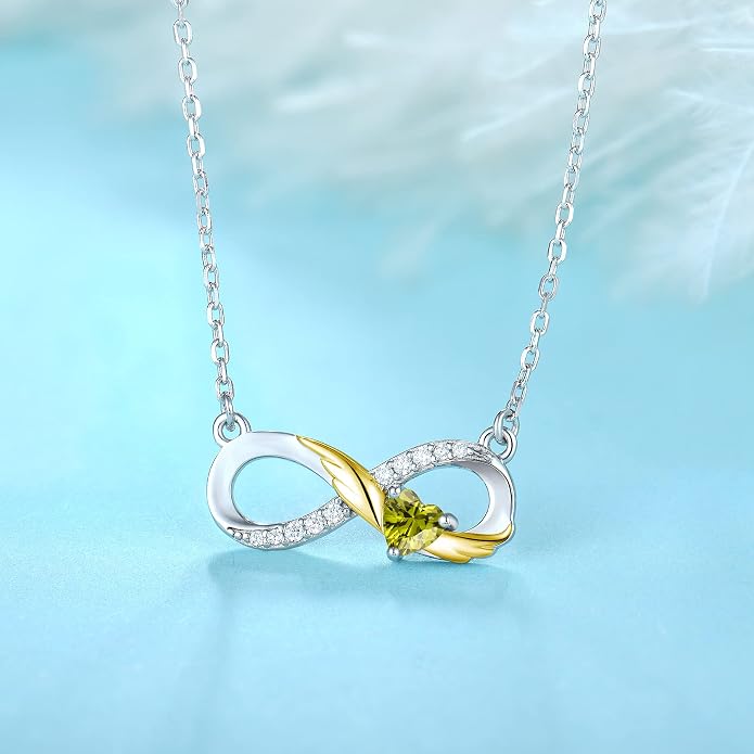 STARCHENIE Infinity Necklace 925 Sterling Silver Angel Wings Heart Birthstone Necklace for Women