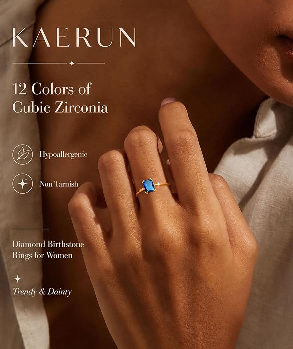 KAERUN Gold Birthstone Rings for Women Non Tarnish 14K Gold Plated Stackable CZ Thumb Eternity Rings Dainty Emerald Green Gemstone Engagement Ring for Mother Lover Birthday Jewelry Gifts Size 6-10