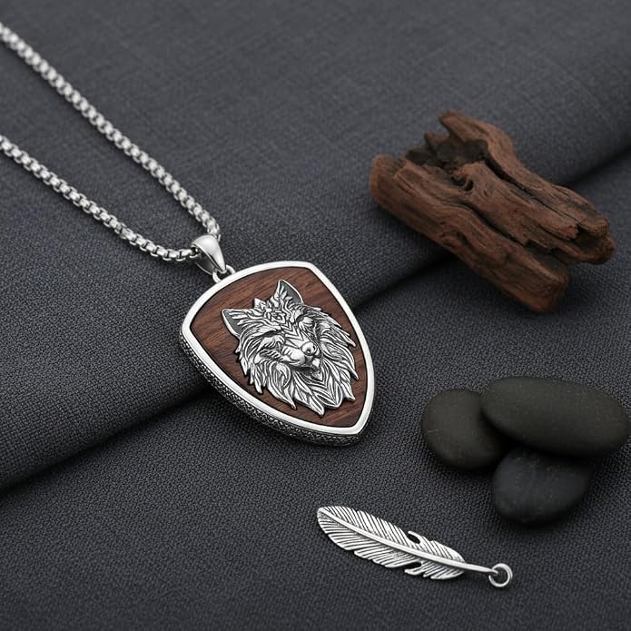 ONEFINITY Wooden Necklace Viking Wolf/St Benedict Medals/St Michael/Crucifix/St Christopher Pendant Necklace for Men Archangel Amulet Wooden Religious Jewelry Gifts for Men Women