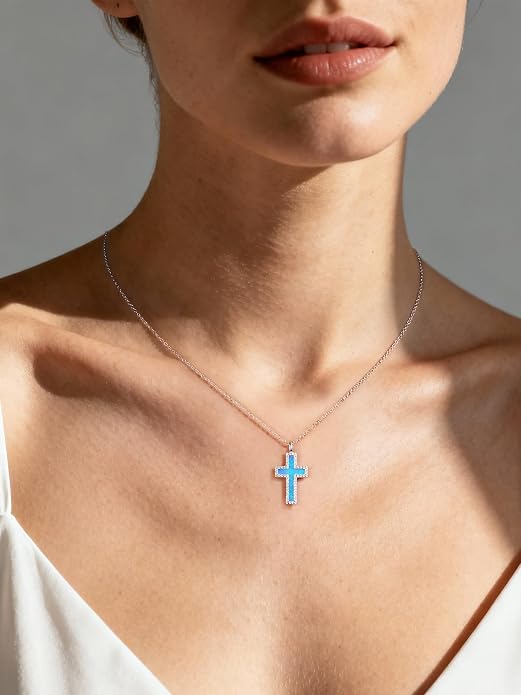 NORBU S925 Opal Cross Necklace for Women, Sterling Silver Opal Gemstone Womens Cross Necklaces, Cross Pendant with 5A Cubic Zirconia, Women's October Birthstone Jewelry Gifts for Birthday, Anniversary, Christmas