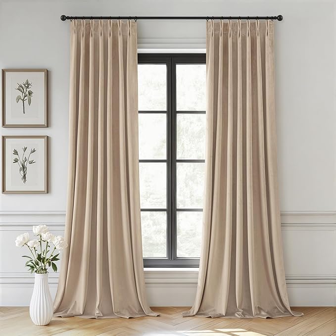 MIULEE Camel Beige Velvet Curtains 84 inches Long, Pinch Pleated Blackout Drapes with Hooks, Thermal Insulated Pinch Pleat Panels for Bedroom Living Room, 2 Panels