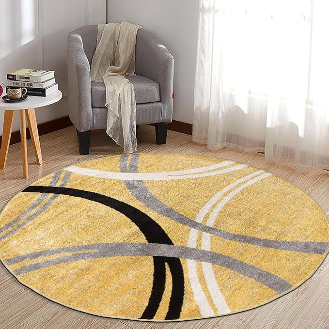 Rugshop Wavy Circles Fade-Resistant Living Room Round Rug Yellow 6'6"
