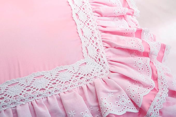 2-Pack Luxury Lace Pink Euro Shams Throw Pillow Covers Cushion Cases with Ruffles Cotton 26"X26" Zipper Closure Elegant