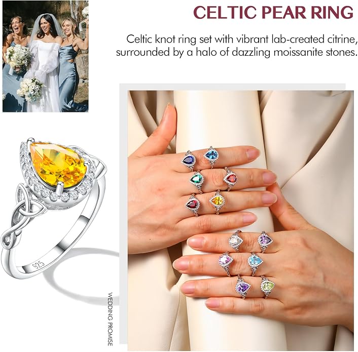 DAYBYDAY Celtic Birthstone Rings for Women 925 Sterling Silver Heart/Round/Pear/Oval Created Gemstone Moissanite Halo Engagement Promise Rings for Her Wife Birthday Anniversary Wedding Jewelry