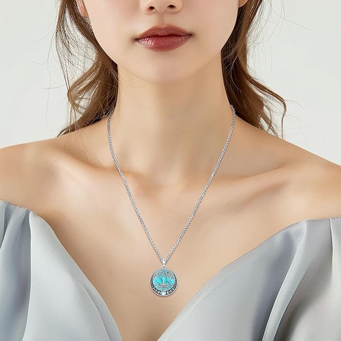 Sterling Silver Tree of Life Necklace for Women Oval Family Tree Necklace Abalone Shell Moonstone Pendant Mother Day Necklace for Mom Tree of Life Jewelry