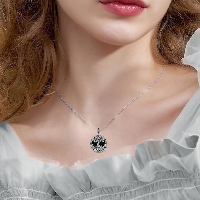 ONEFINITY Tree of Life Necklace/Earrings Sterling Silver Genuine Natural Black Onyx Jewelry Celtic Knot Family Tree Pendant Necklace for Women