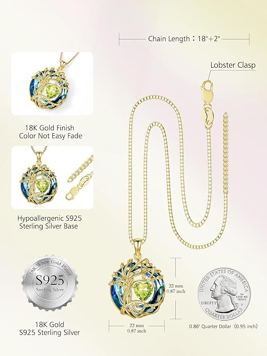 TOUPOP Tree of Life Birthstone Necklace Sterling Silver Pendant Birthstone Necklaces with Blue Crystal Anniversary Birthday Jewelry for Women Mom Wife Her