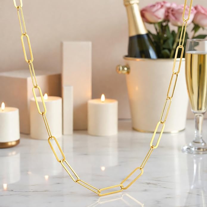 Paperclip Chain Necklace for Women – 925 Sterling Silver 14K Gold Plated, 4mm Minimalist Link Chain with Lobster Clasp