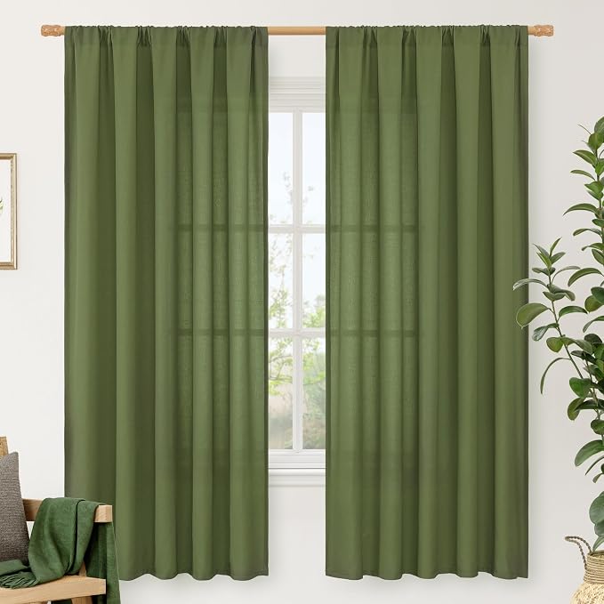 LAMIT Olive Green Linen Curtains for Bedroom, Faux Linen Textured Light Filtering Drapes Rod Pocket Boho Neutral Christmas Panels for Farmhouse/Living Room, 2 Panels, 52 x 72 Inch