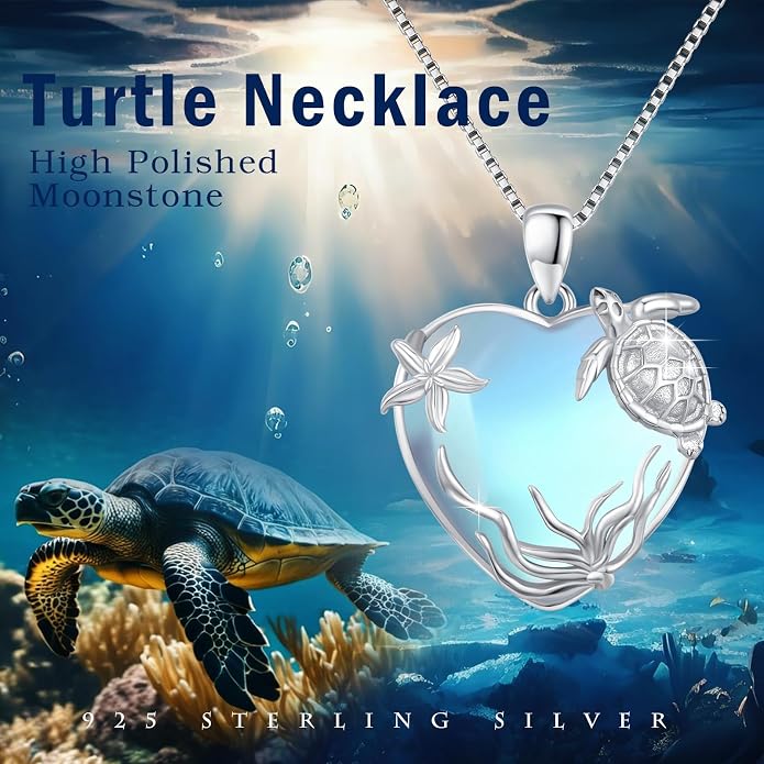 Sea Turtle/Seaweed Necklace for Women 925 Sterling Silver Heart of the Ocean Moonstone Pendant Necklace Turtle Moonstone Jewelry Gift for Wife Mom