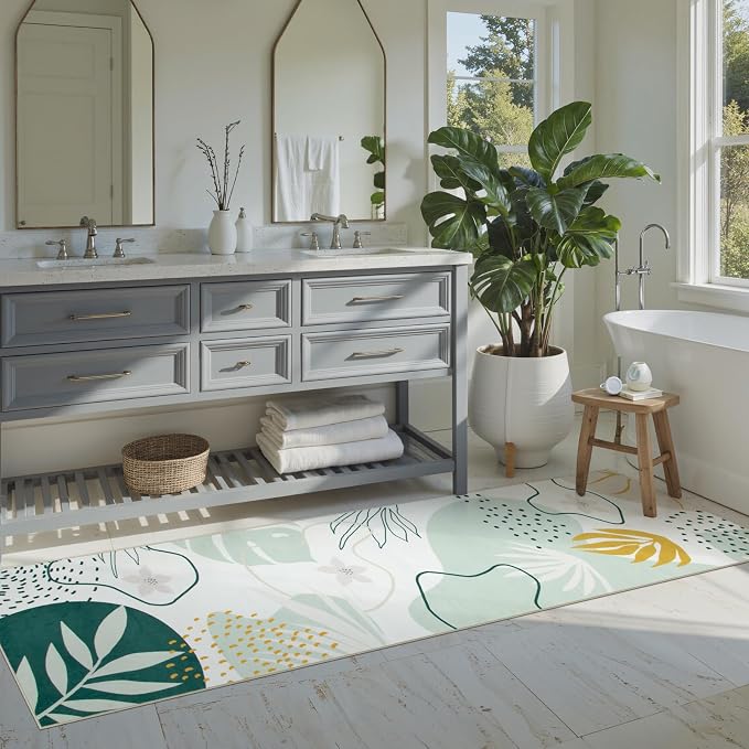 Lahome Green Runner Rugs for Hallway 2x10, Extra Long Washable Non-Slip Kitchen Rug Lightweight Stair Carpet Runner, Boho Botanical Print Soft Entrance Bath Laundry Living Room 2' x 10'
