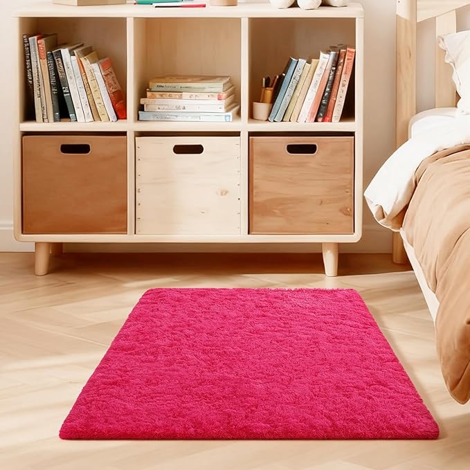3x5 Rugs for Bedroom, Fluffy Area Rugs for Living Room, Small Fuzzy Shag Soft Non-Slip Carpet for Kids Girls and Boys Nursery Dorm Indoor Room Home Decor (3ft X 5ft, Hot Pink)
