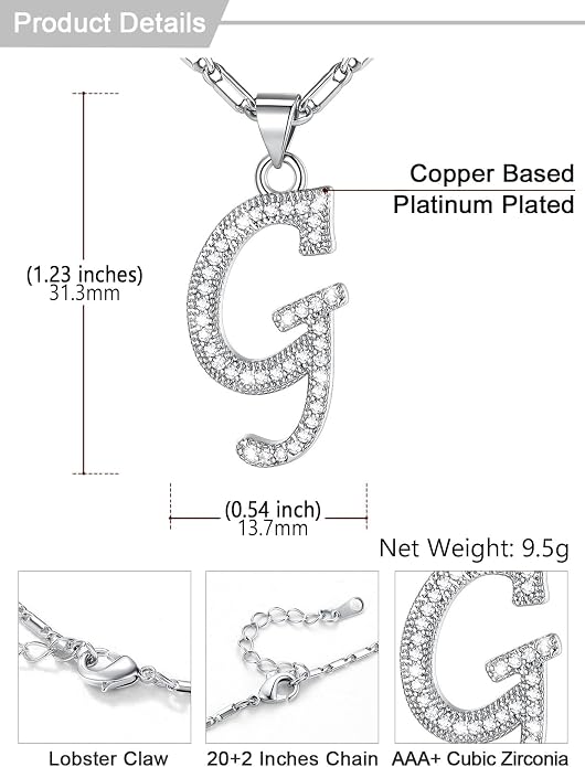 U7 Initial Necklace for Women, Gold/Platinum Plated CZ Crystal Letter A-Z Pendant Necklace, Shiny 20 Inch Name Chain Dainty Personalized Jewelry for Men Mom Wife Friend