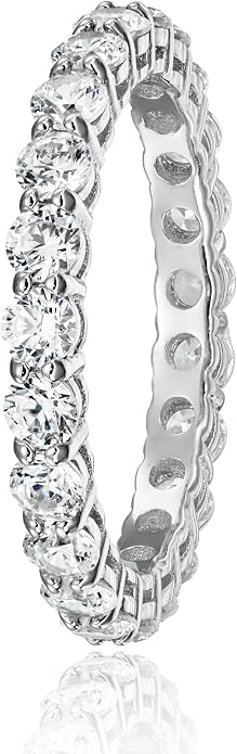 Amazon Essentials Platinum or Gold Plated Sterling Silver All-Around Band Ring set with Round Infinite Elements Cubic Zirconia