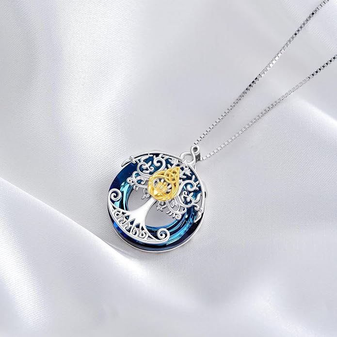 TOUPOP Tree of Life Necklace 925 Sterling Silver Celtic Knot Tree Pendant Jewelry with Blue Crystal Christmas Gifts for Women