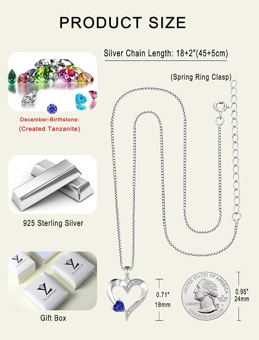 YL Heart Necklace 925 Sterling Silver Love Heart Pendant Birthstone Jewelry for Women