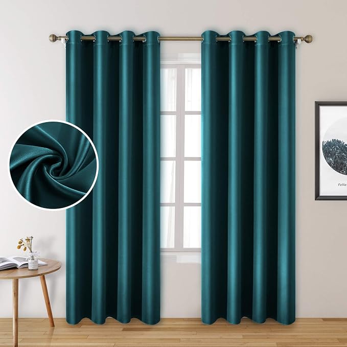 HOMEIDEAS 2 Panels Teal Faux Silk Blackout Luxury Curtains, 52 X 96 Inch Room Darkening Satin Thermal Insulated Window Drapes for Bedroom Decor, Indoor