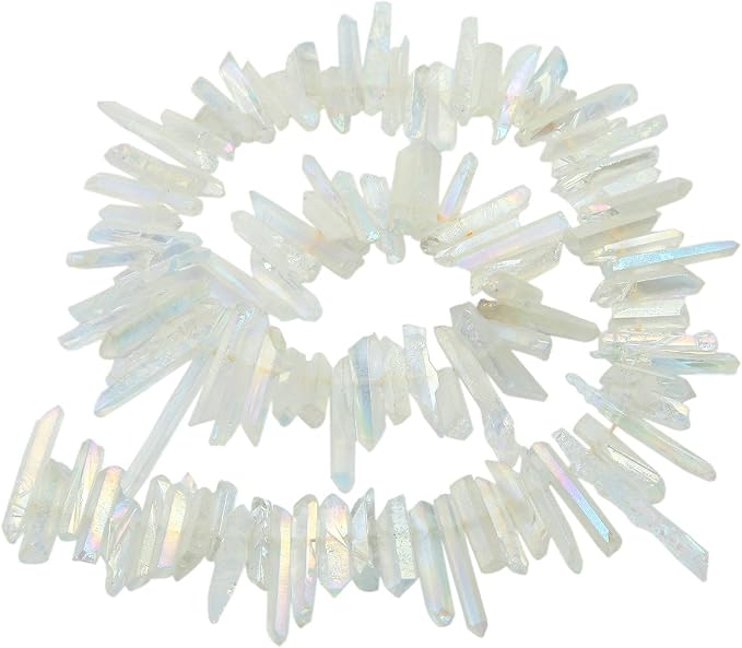 SUNYIK Angel Aura Quartz Titanium Coated Crystal Points Quartz Rough Sticks Spikes Point Beads 15 inch Strand Drilled