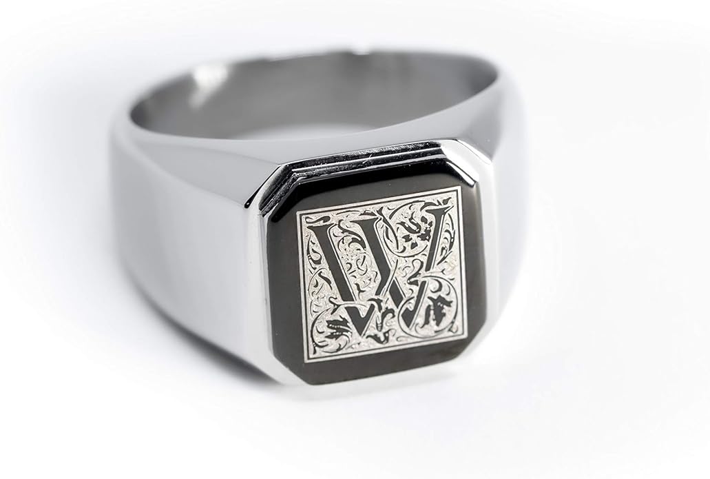 Jewelry | Stainless Steel Letter Alphabet Initial Ring | Square Flat Top Ring for Men & Women | Stainless Steel Jewelry, (Black, Gold, Silver), Size 7-16