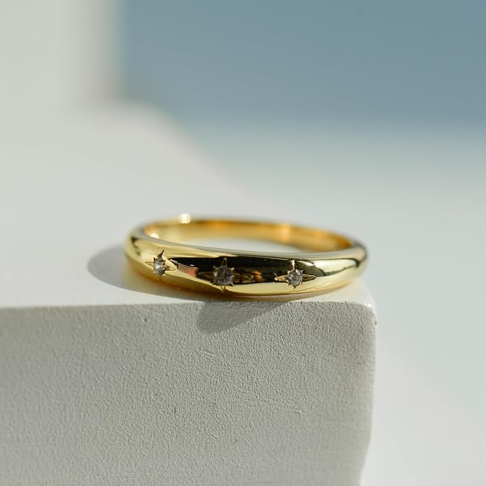LEMON GRASS Bezel Set Round CZ Thin Dome Ring | Minimalist Stacking Band Signet Ring in Gold