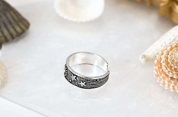 AeraVida .925 Sterling Silver Adjustable Toe Ring or Pinky Ring 5mm Wide Open Band, Stackable Minimalist Summer Foot Jewelry | Sun Moon Star Turtle Butterfly Leaf Olive Branch Ocean Wave Yin Yang Design
