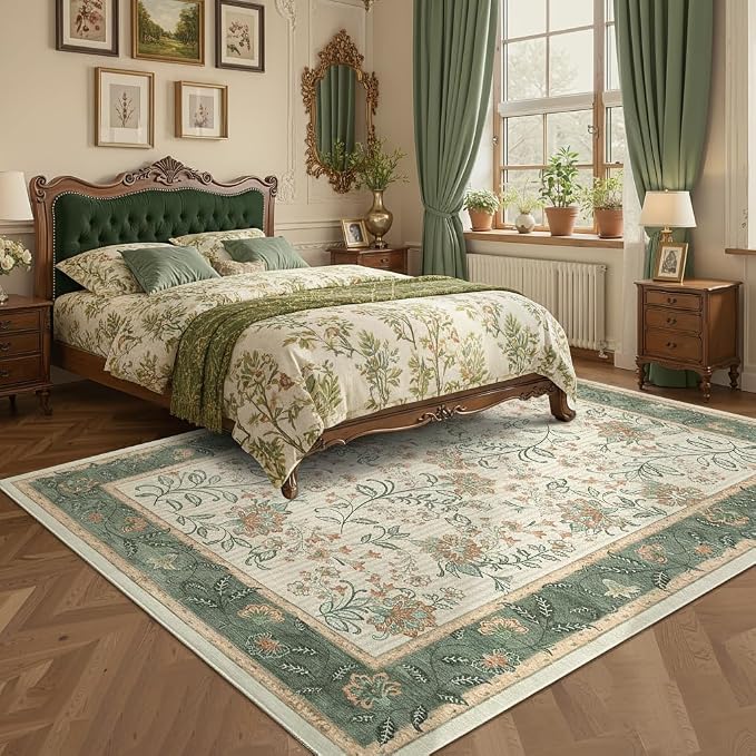 GarveeHome Large Area Rugs 9x12 for Living Room, Sage Green Washable Rug Soft Non Slip Country Mat Carpet Indoor Botanical Floral Rug for Bedroom Dining Room Playroom Nursery Room