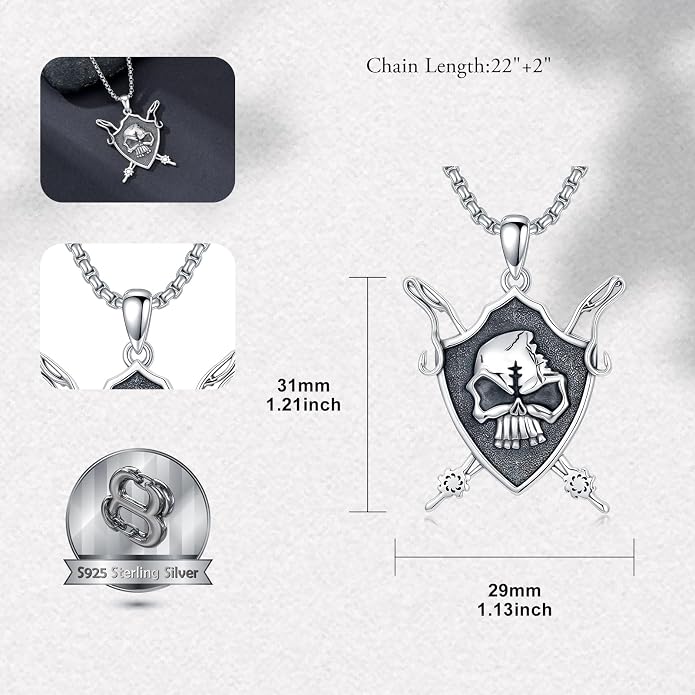 SIMONLY Eagle/Wolf/Skull Necklace for Men 925 Sterling Silver Shield Fish Hook Pendant Amulet Necklace Viking Shield Jewelry Christmas Gifts for Him
